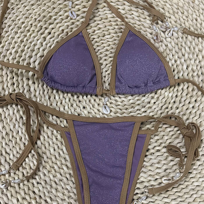 Lurex Contrast Strappy Shell Triangle Brazilian Two Piece Bikini Swimsuit