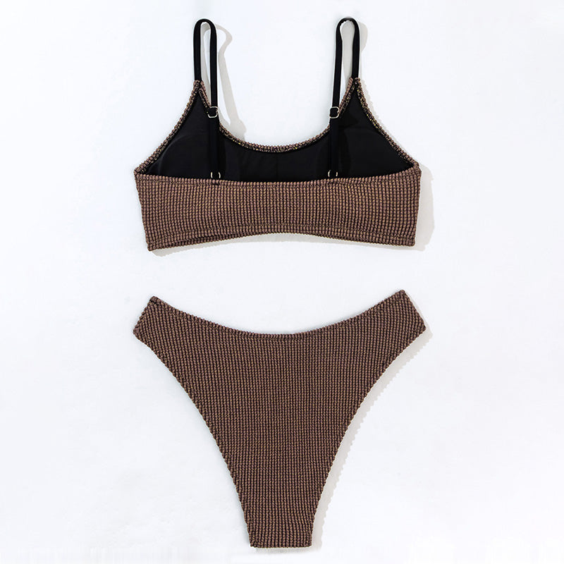Lurex Ribbed High Cut Cheeky Bralette Brazilian Two Piece Bikini Swimsuit