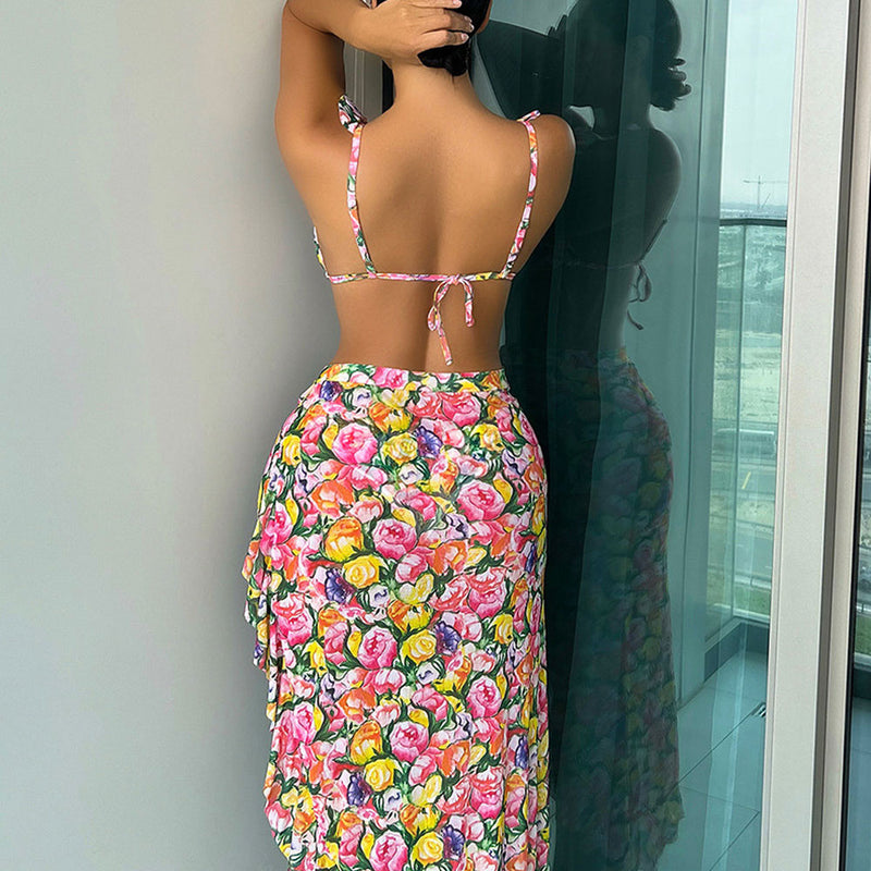 Lush Floral Print Cheeky Ruffle Triangle Brazilian Three Piece Bikini Swimsuit