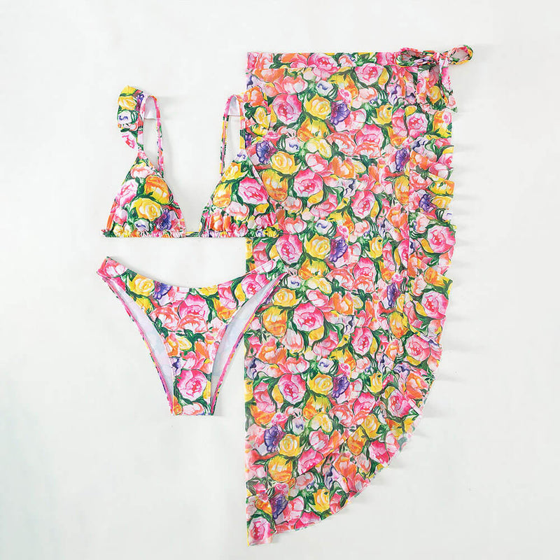 Lush Floral Print Cheeky Ruffle Triangle Brazilian Three Piece Bikini Swimsuit