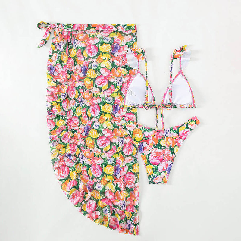 Lush Floral Print Cheeky Ruffle Triangle Brazilian Three Piece Bikini Swimsuit