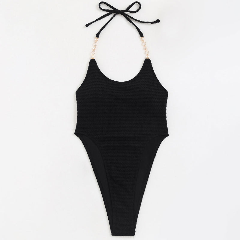 Luxurious Textured Low Back High Ultra Leg Cheeky Halter Brazilian One Piece Swimsuit