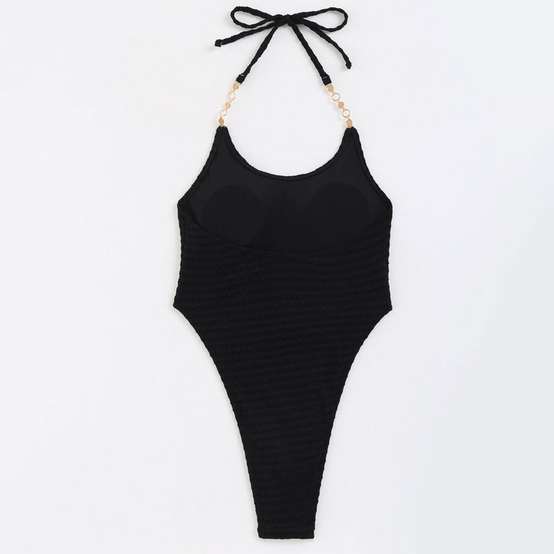 Luxurious Textured Low Back High Ultra Leg Cheeky Halter Brazilian One Piece Swimsuit