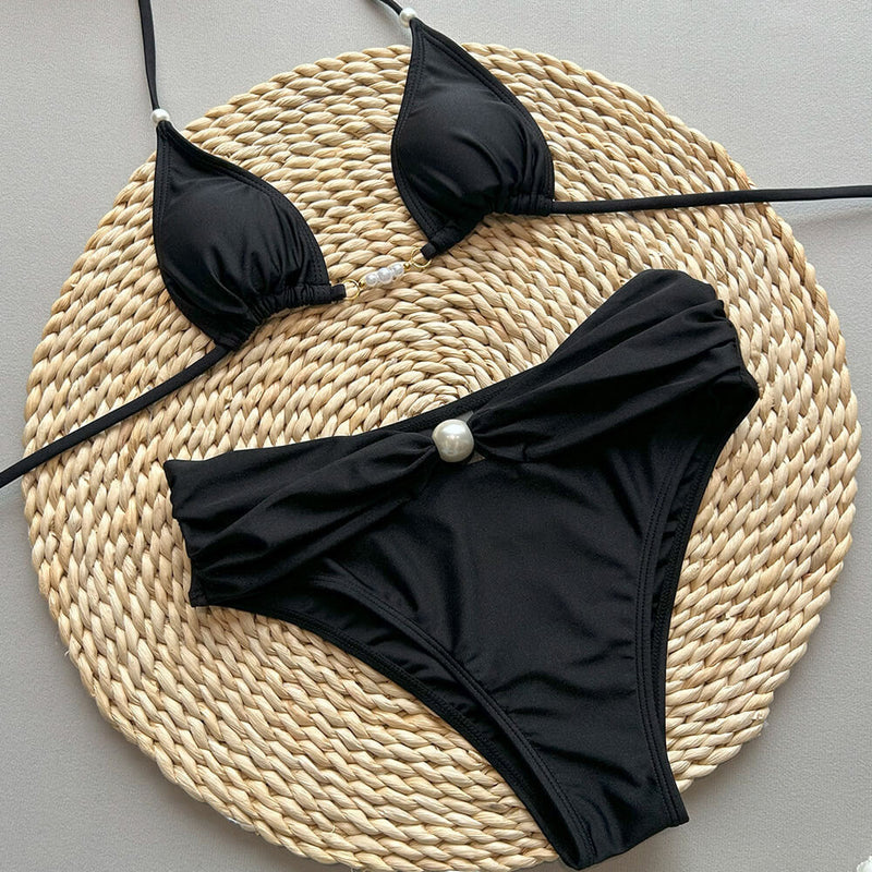 Luxury Beaded High Waist Micro Triangle Brazilian Two Piece Bikini Swimsuit