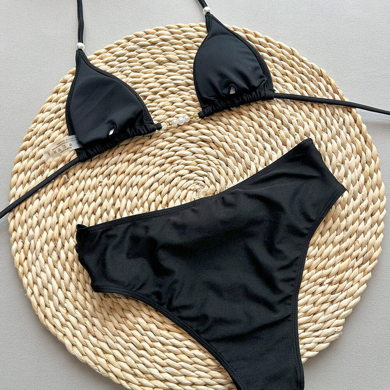 Luxury Beaded High Waist Micro Triangle Brazilian Two Piece Bikini Swimsuit