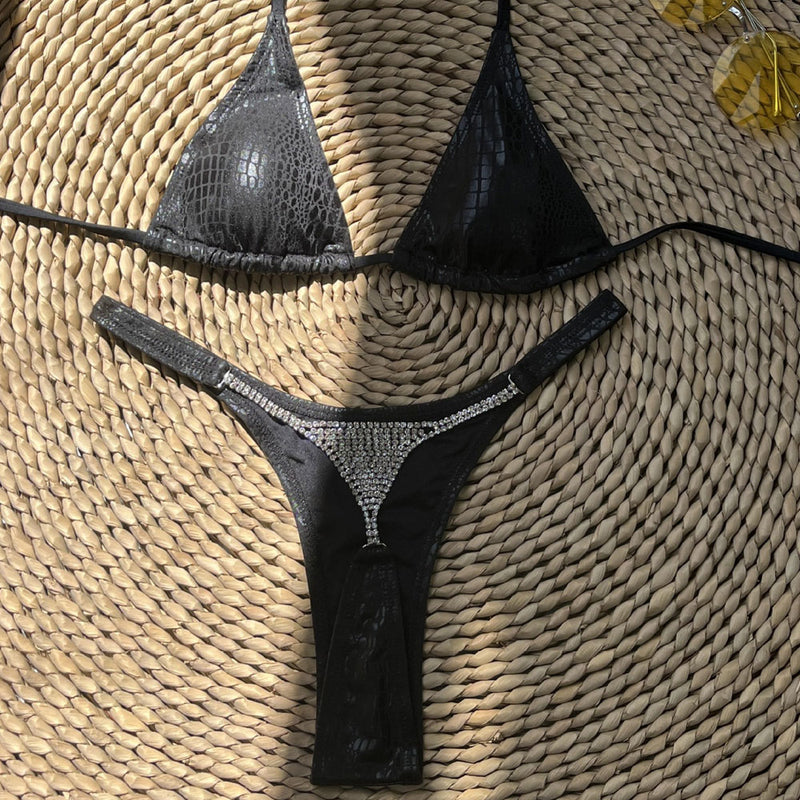 Luxury Crystal Thong Faux Leather Micro Triangle Brazilian Two Piece Bikini Swimsuit