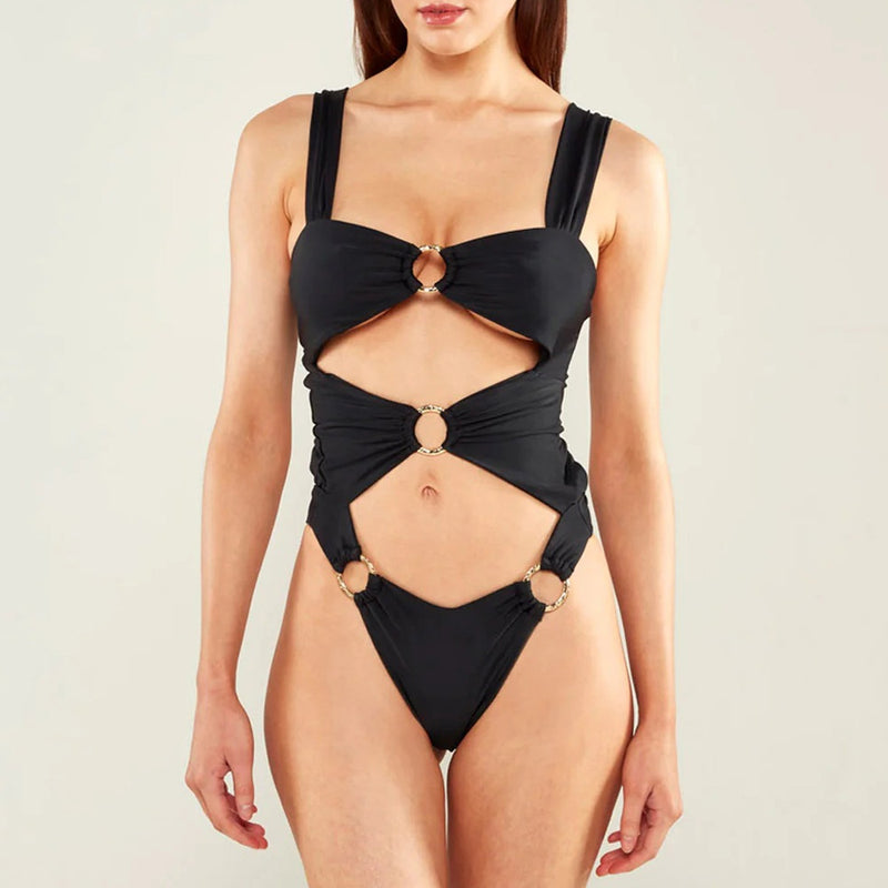 Luxury Gold Ring High Leg Ruched Cutout Brazilian One Piece Swimsuit