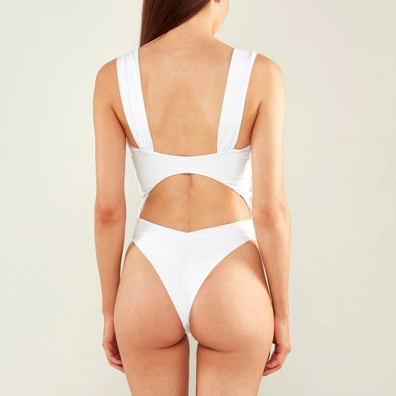 Luxury Gold Ring High Leg Ruched Cutout Brazilian One Piece Swimsuit