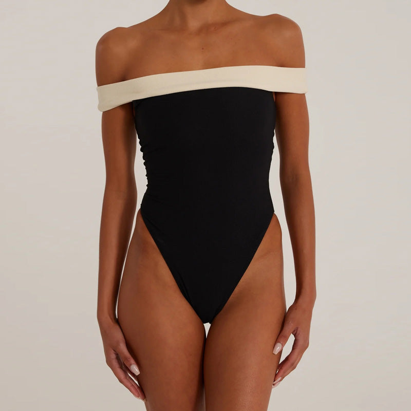 Luxury High Cut Cheeky Contrast Off Shoulder Brazilian One Piece Swimsuit