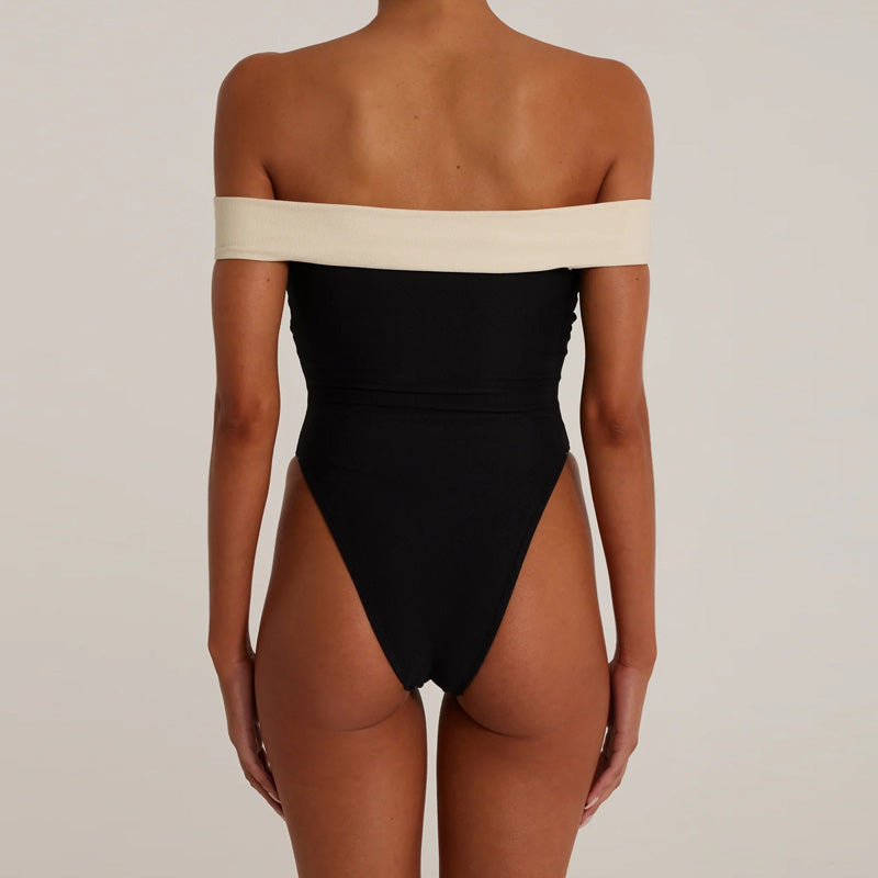 Luxury High Cut Cheeky Contrast Off Shoulder Brazilian One Piece Swimsuit