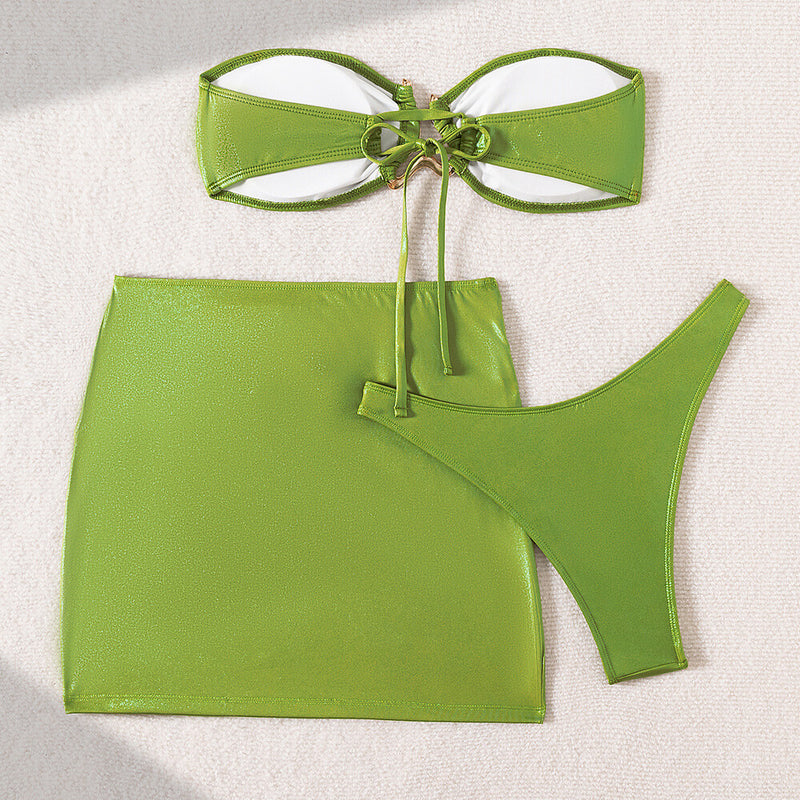 Luxury High Cut Metallic Trim Bandeau Brazilian Three Piece Bikini Swimsuit