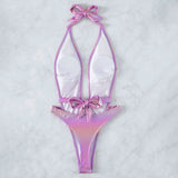 Mermaid Metallic Low Back High Cut Thong Halter Deep V Brazilian One Piece Swimsuit