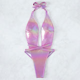 Mermaid Metallic Low Back High Cut Thong Halter Deep V Brazilian One Piece Swimsuit