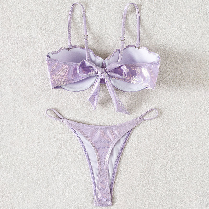 Mermaid Printed Thong Scallop Underwire Brazilian Two Piece Bikini Swimsuit