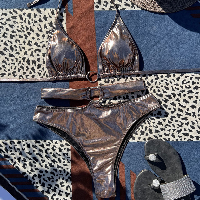 Metal O Ring High Waist Cutout Wrap Triangle Brazilian Two Piece Bikini Swimsuit
