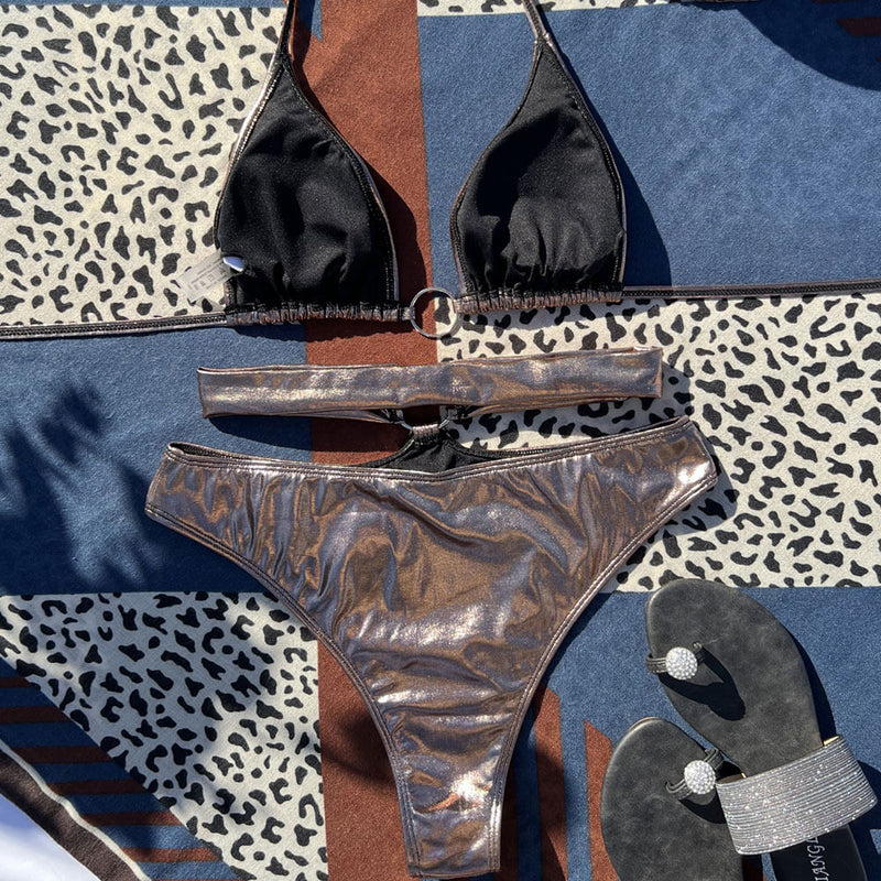 Metal O Ring High Waist Cutout Wrap Triangle Brazilian Two Piece Bikini Swimsuit