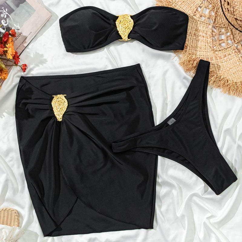 Metallic Charm High Cut Cheeky Bandeau Brazilian Three Piece Bikini Swimsuit