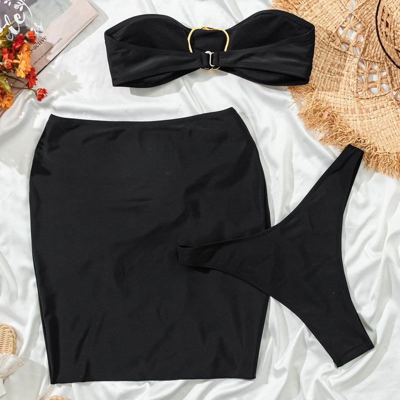 Metallic Charm High Cut Cheeky Bandeau Brazilian Three Piece Bikini Swimsuit