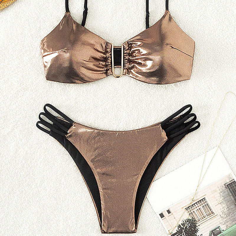 Metallic Cutout Strappy Cheeky U Wire Bralette Brazilian Two Piece Bikini Swimsuit
