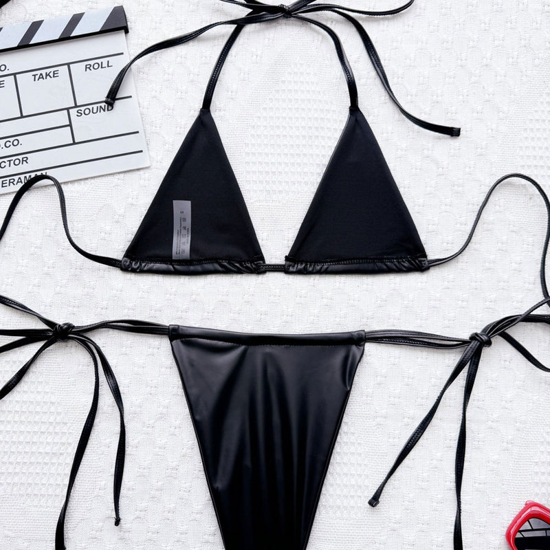 Metallic Faux Leather Tie Side Micro Triangle Brazilian Two Piece Bikini Swimsuit