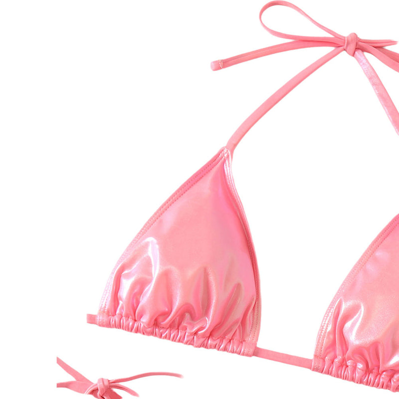 Metallic Foil String Tie Cheeky Triangle Halter Brazilian Two Piece Bikini Swimsuit