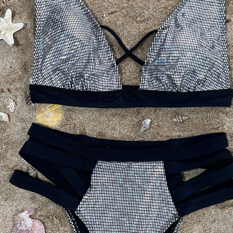 Metallic Gingham Cutout High Waist Triangle Brazilian Two Piece Bikini Swimsuit