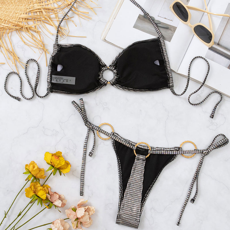 Metallic Gingham Tie String Ring Thong Halter Brazilian Two Piece Bikini Swimsuit