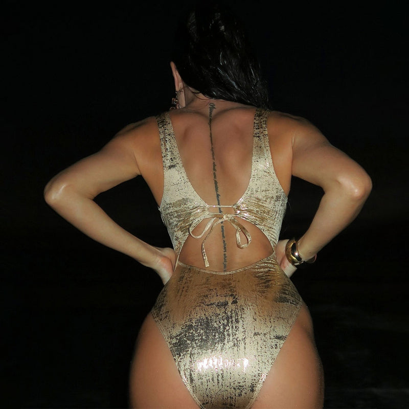 Metallic O Ring Plunge Neck Tie Back Cutout Brazilian One Piece Swimsuit
