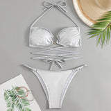Metallic O Ring String Cheeky Wrap Halter Brazilian Two Piece Bikini Swimsuit