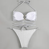 Metallic O Ring String Cheeky Wrap Halter Brazilian Two Piece Bikini Swimsuit