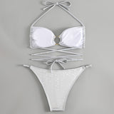 Metallic O Ring String Cheeky Wrap Halter Brazilian Two Piece Bikini Swimsuit