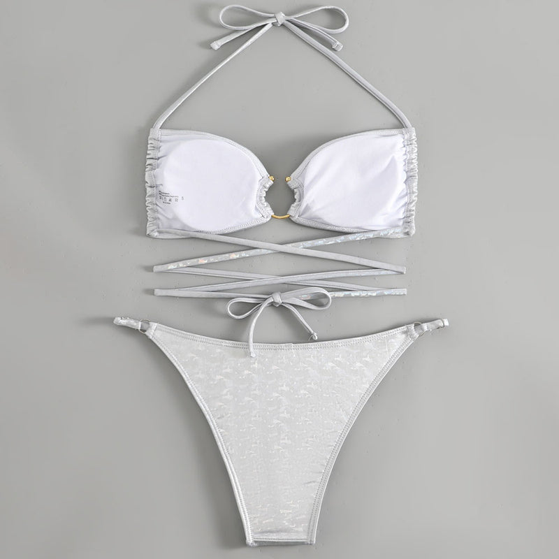 Metallic O Ring String Cheeky Wrap Halter Brazilian Two Piece Bikini Swimsuit