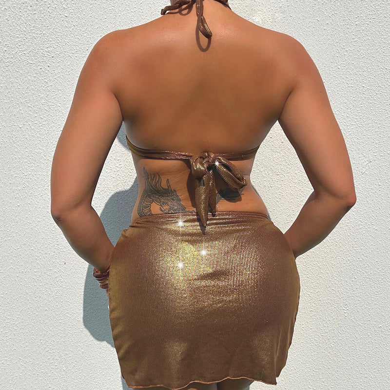 Metallic Ribbed String Cutout Bralette Halter Brazilian Three Piece Bikini Swimsuit