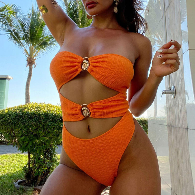 Metallic Sea Snail Ribbed Knit Cutout Bandeau Brazilian One Piece Swimsuit