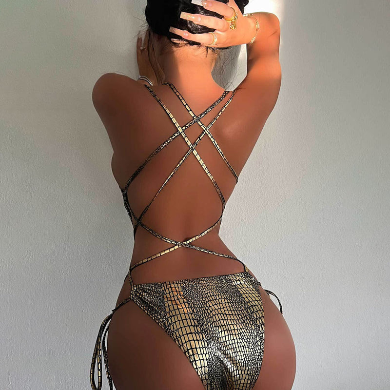 Metallic Snake Lace Up Low Back Cheeky High Leg Brazilian One Piece Swimsuit