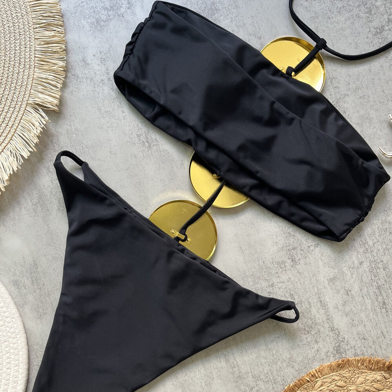Metallic Trim Cutout High Leg Bandeau Halter Brazilian One Piece Swimsuit