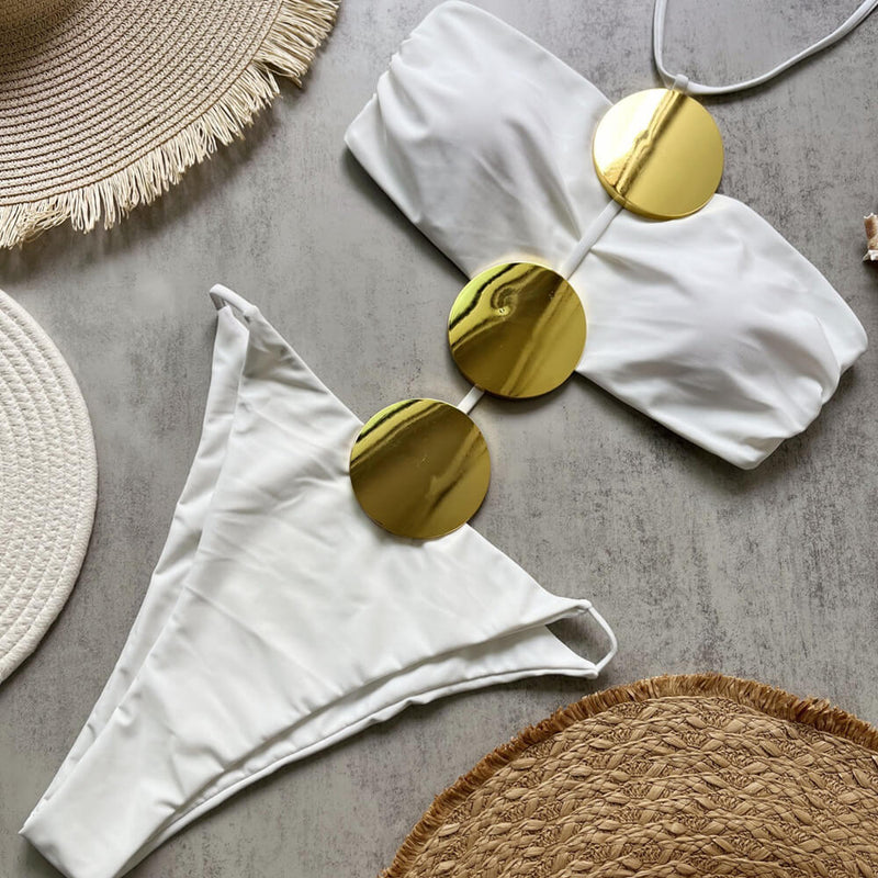 Metallic Trim Cutout High Leg Bandeau Halter Brazilian One Piece Swimsuit