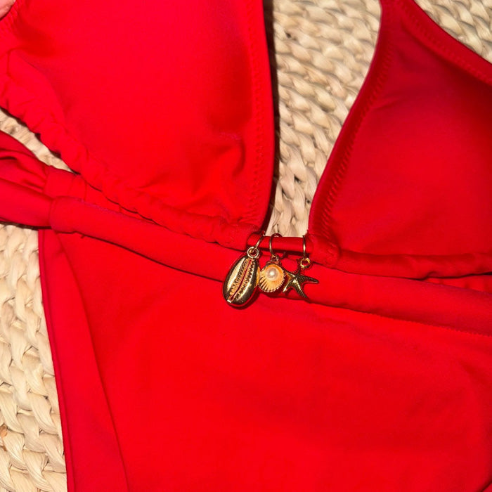 Metallic Trim Ruched High Cut Triangle Brazilian Two Piece Bikini Swimsuit