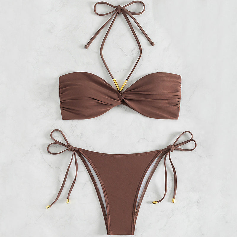Metallic Trim Tie Side Ruched Bandeau Halter Brazilian Two Piece Bikini Swimsuit