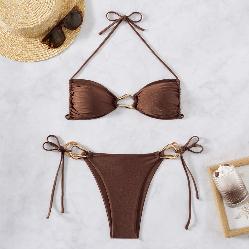 Metallic Trim Tie Side Ruched Triangle Halter Brazilian Two Piece Bikini Swimsuit