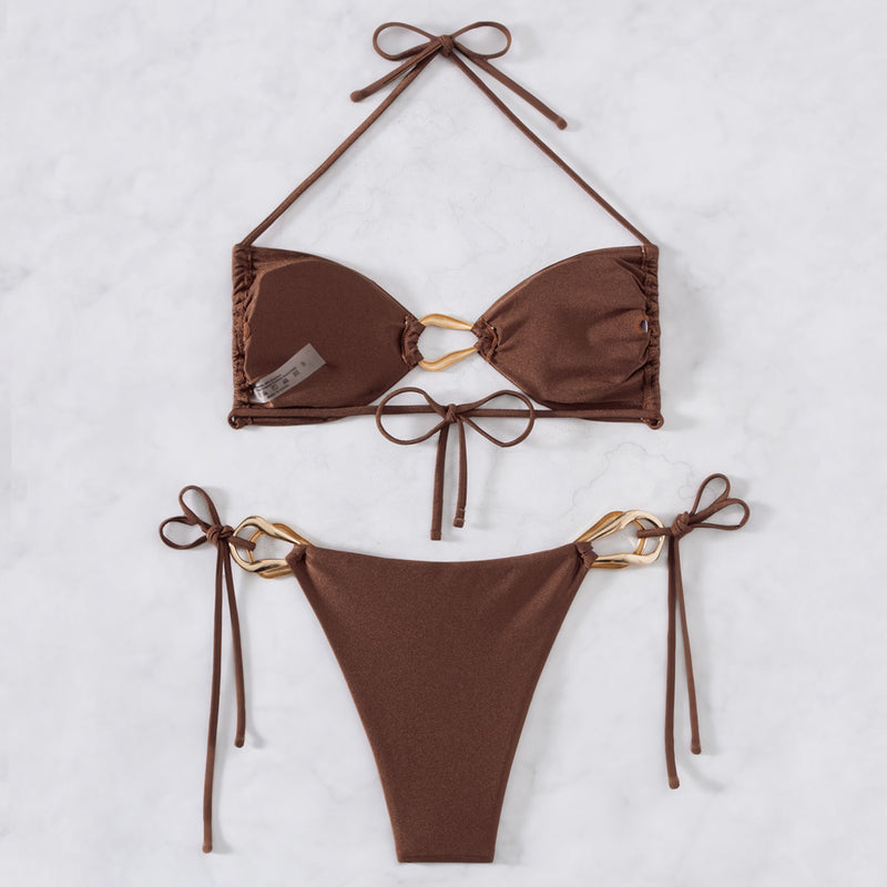 Metallic Trim Tie Side Ruched Triangle Halter Brazilian Two Piece Bikini Swimsuit