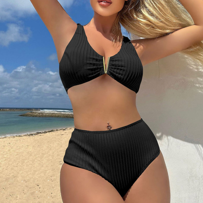 Minimalist Textured Notched High Waist Moderate Brazilian Two Piece Bikini Swimsuit