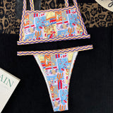 Multicolored Print Cheeky String Side Boob Bralette Brazilian Two Piece Bikini Swimsuit