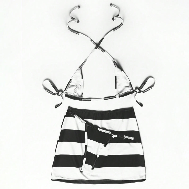 Nautical Striped Skirt String Cheeky Micro Triangle Brazilian Two Piece Bikini Swimsuit