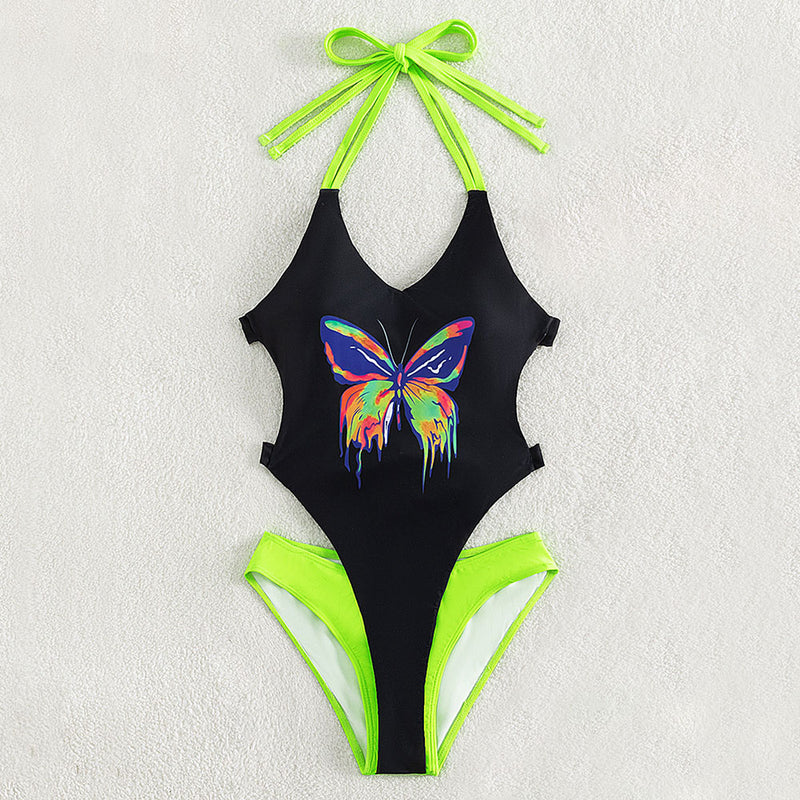 Neon Green Butterfly Cutout Low Back Monokini Brazilian One Piece Swimsuit