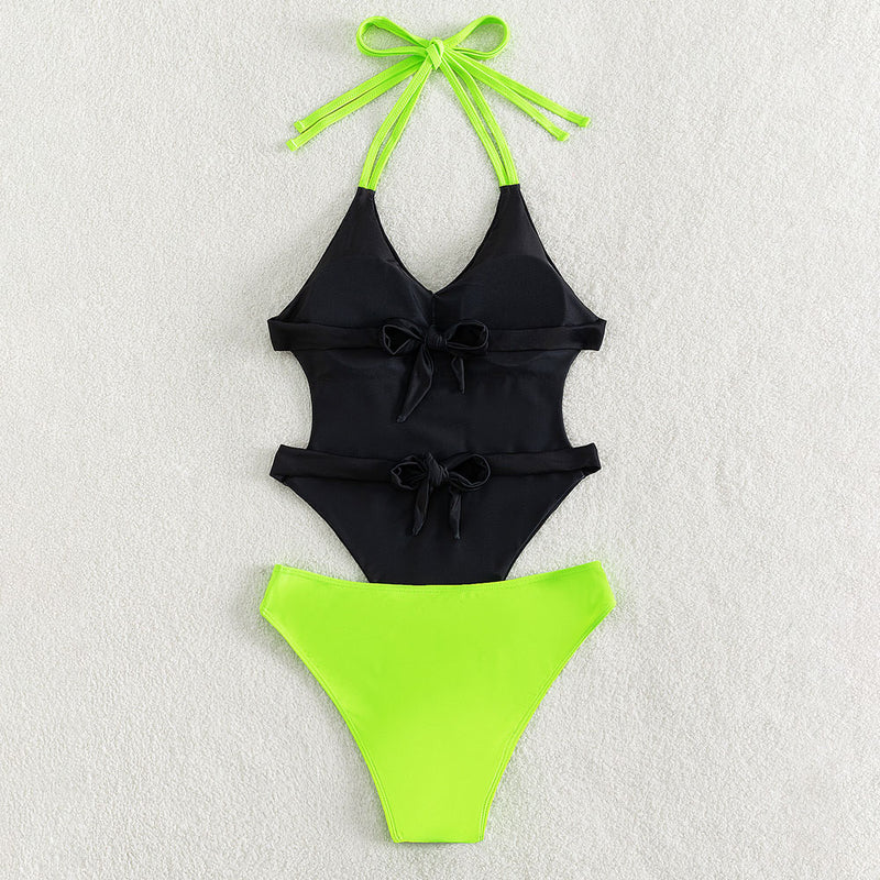 Neon Green Butterfly Cutout Low Back Monokini Brazilian One Piece Swimsuit