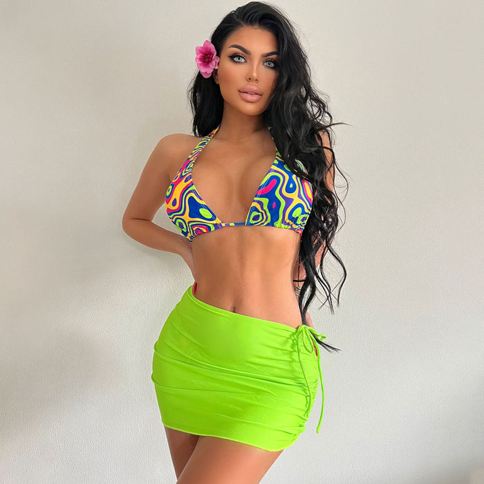 Neon Green Skirt Swirl Print High Cut Triangle Brazilian Three Piece Bikini Swimsuit