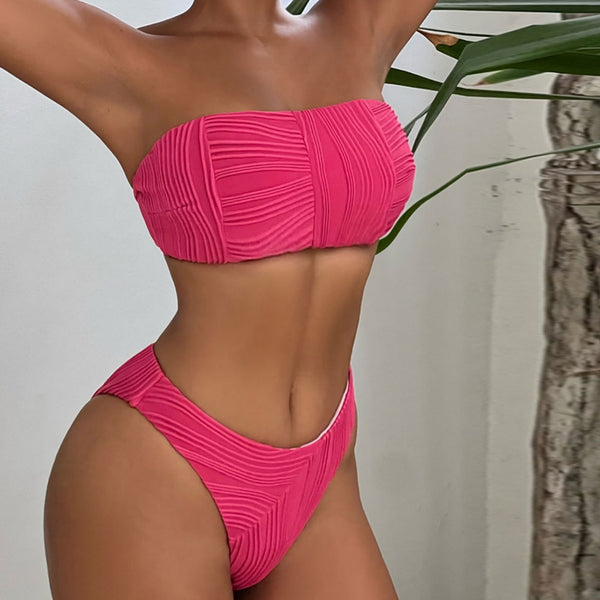 Neon Wavy Striped High Cut Cheeky Bandeau Brazilian Two Piece Bikini Swimsuit