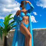Ocean Blue Wave Print Cover Up Tie String Triangle Brazilian Three Piece Bikini Swimsuit