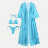 Ocean Blue Wave Print Cover Up Tie String Triangle Brazilian Three Piece Bikini Swimsuit